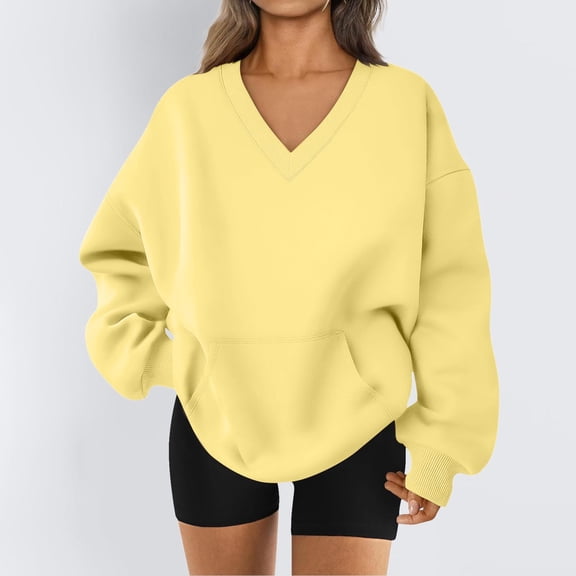 Fall Sweaters for Women Dressy Sweatshirt For Women Fall Winter Tops Long Sleeve Shirts Oversized Tshirts Round Neck Light Yellow L