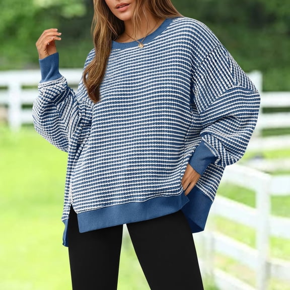 Fall Sweaters for Women Dressy Women's Oversized Sweatshirt Knit Striped Long Sleeve Crewneck Casual Loose Pullover Tops Khaki Sky Blue L