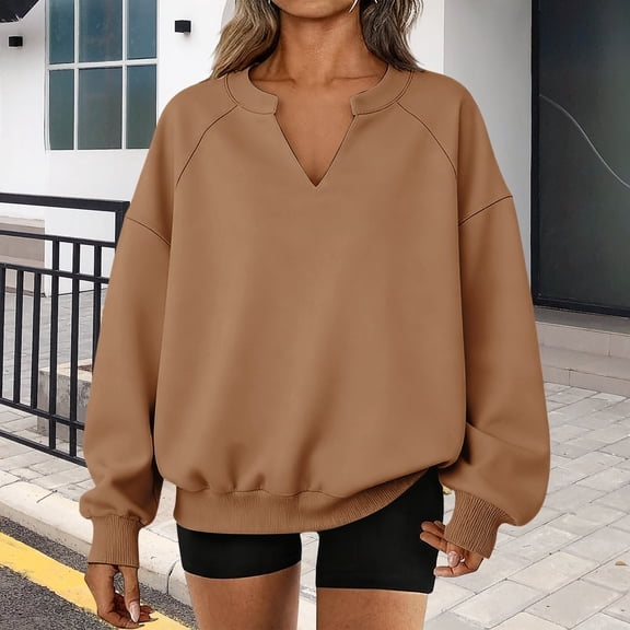 Fall Sweaters for Women Dressy Women's Sportswear With A Large V Neck Casual And Comfortable Autumn Fashion Long Sleeved Top Coffee M