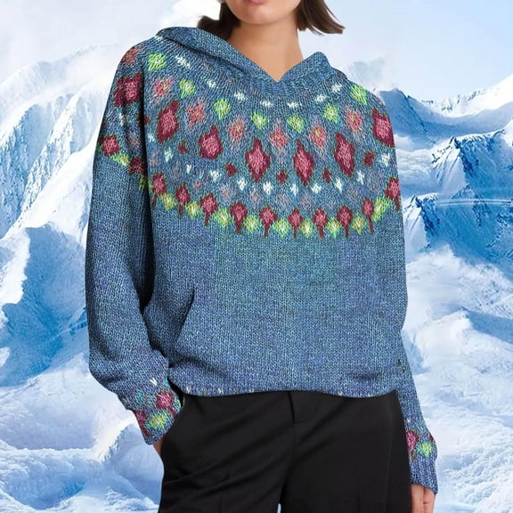 Fall Sweaters for Women Dressy Womens Hoodie Knitted Warm Stylish Printed Sweatshirts Fashion Drop Shoulder Sweater Pullover With Pockets