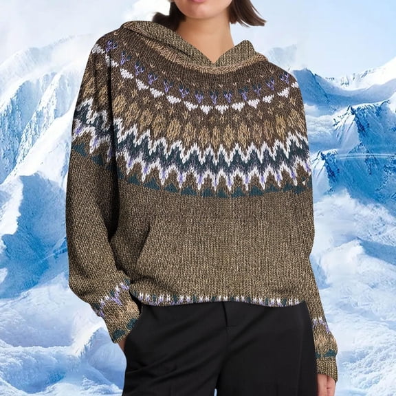 Fall Sweaters for Women Dressy Womens Hoodie Knitted Warm Stylish Printed Sweatshirts Fashion Drop Shoulder Sweater Pullover With Pockets