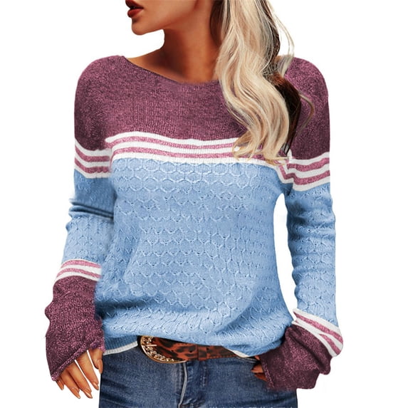 Fall Sweaters for Women Fall Winter Long Sleeve Knit Sweaters Striped Patchwork Round Neck Elegant Top Knitted Sweater Blue L