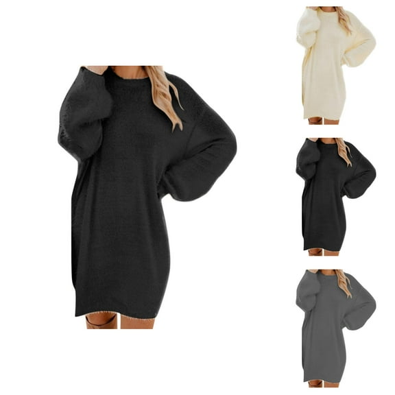 Fall Sweaters for Women Solid Color Crewneck Long Sleeve Knit Sweater Dress Warm Winter Casual Fashion Comfortable Outfit