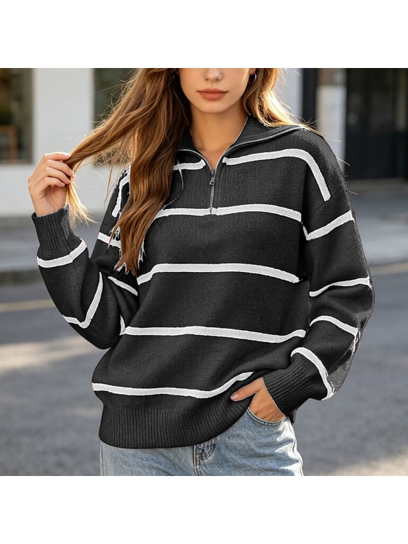 Fall Sweaters for Women Striped Half Zip Long Sleeve Collared Pullover Color Block Striped Casual Loose Fit Knit Top for Daily Wear