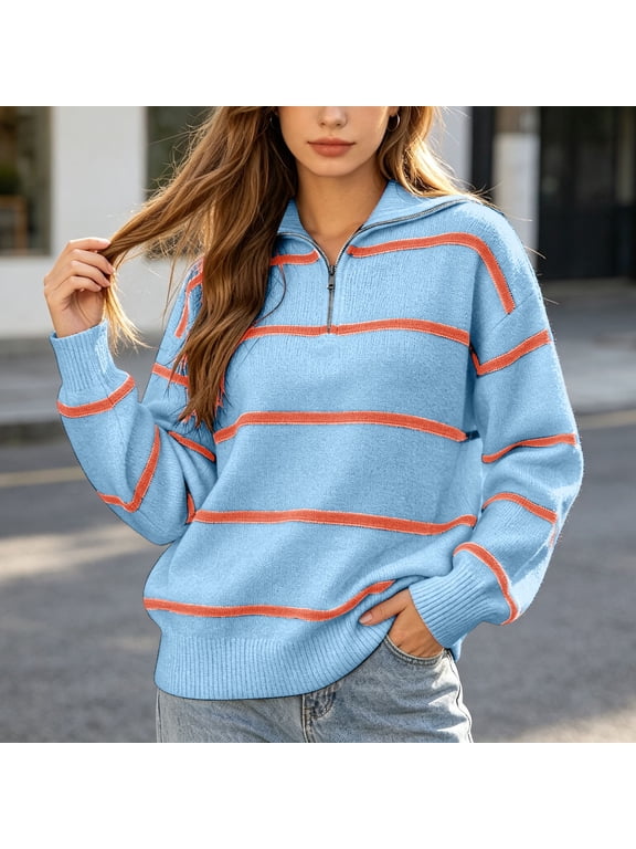 Fall Sweaters for Women Striped Half Zip Long Sleeve Collared Pullover Color Block Striped Casual Loose Fit Knit Top for Daily Wear