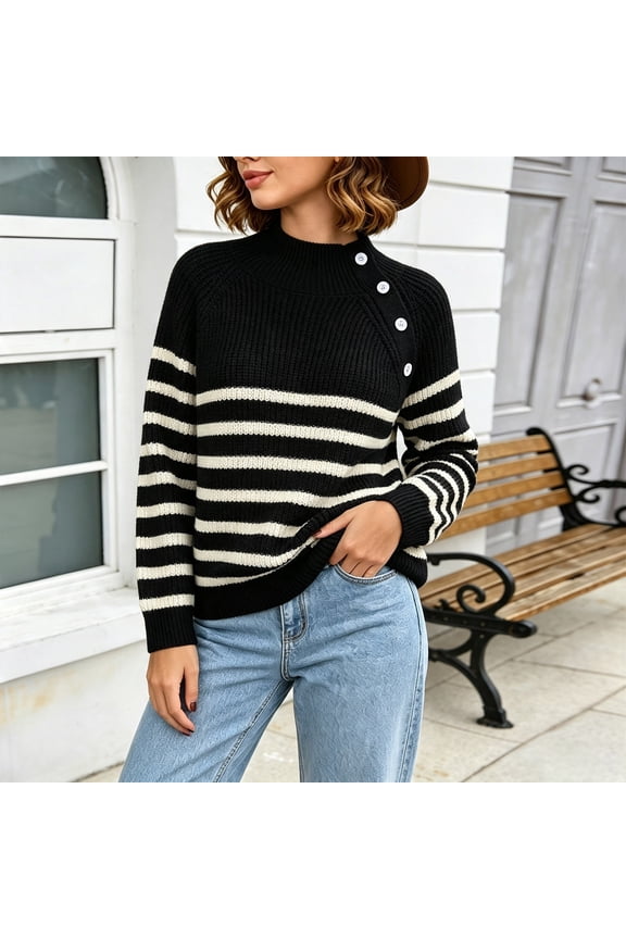 Fall Sweaters for Women Striped Turtleneck Sweater Ribbed Knit Mock Neck Trendy Jumper with Decor Buttons (Black XL)