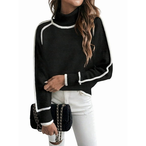 Fall Sweaters for Women Trendy Cute Cozy - Long Sleeve Colorblock Knitted Pullover Tops Black L