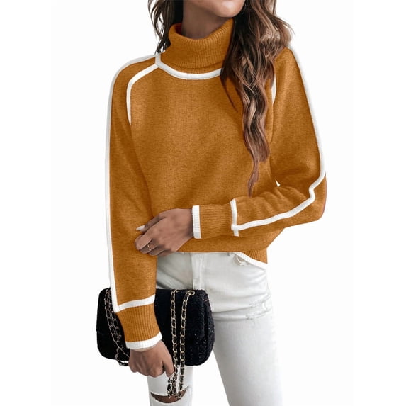 Fall Sweaters for Women Trendy Cute Cozy - Long Sleeve Colorblock Knitted Pullover Tops Caramel Color L