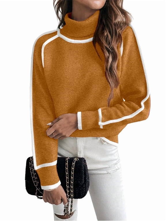 Fall Sweaters for Women Trendy Cute Cozy - Long Sleeve Colorblock Knitted Pullover Tops Caramel Color XL
