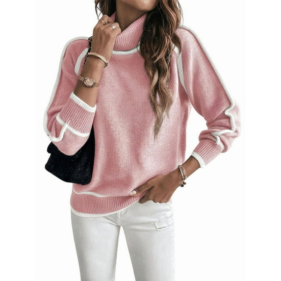 Fall Sweaters for Women Trendy Cute Cozy - Long Sleeve Colorblock Knitted Pullover Tops Pink XL