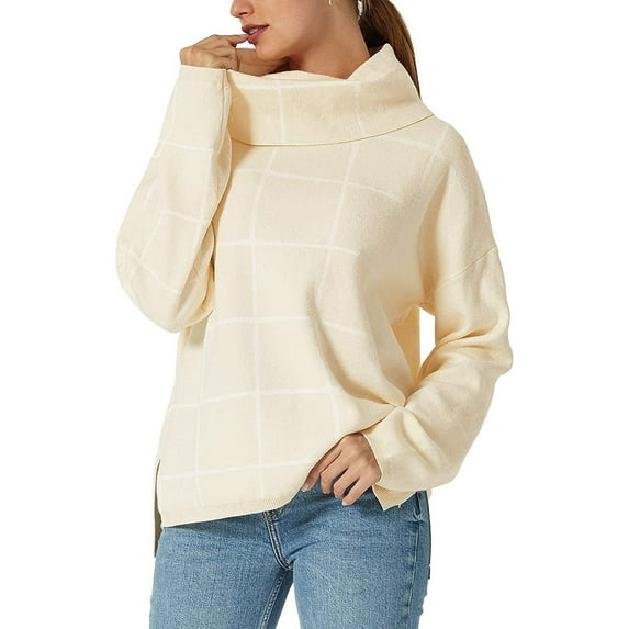 Fall Sweaters for Women Turtleneck Knit Sweater Long Sleeves Pullover Plaid Side Split Checked Outwear Loose Fit Tops