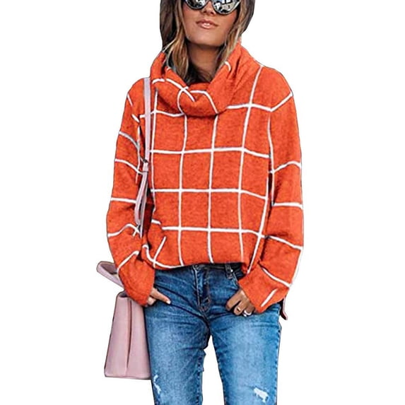 Fall Sweaters for Women Turtleneck Knit Sweater Long Sleeves Pullover Plaid Side Split Checked Outwear Loose Fit Tops