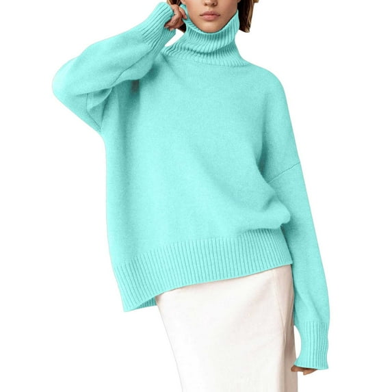 Fall Sweaters for Women, Women Long High Neck Solid Color Ribbed Knit Lightweight Pullover Sweater, Women Sweaters(Mint Green,S)