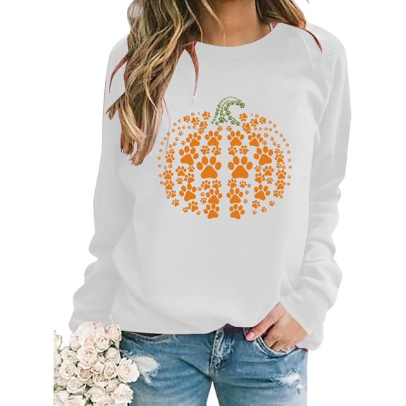 Fall Sweatshirt for Women Pumpkin Dog Paw Pullover Halloween Graphic Long Sleeve Shirt Tops