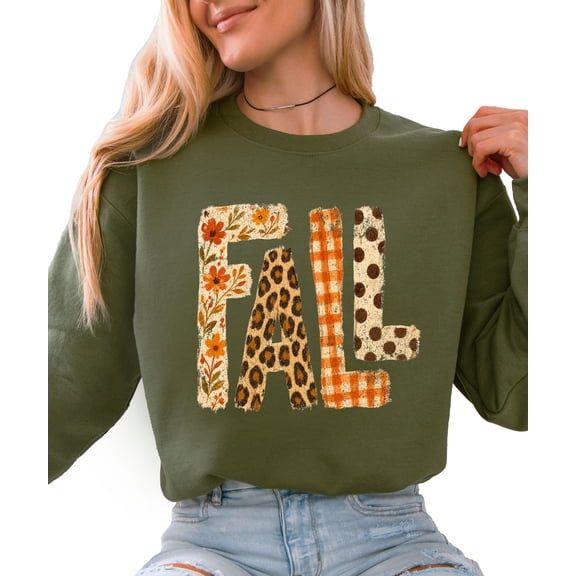 Fall Sweatshirt for Women and Teen Girls Leopard Plaid Crewneck, Army Green Sweatshirt, M