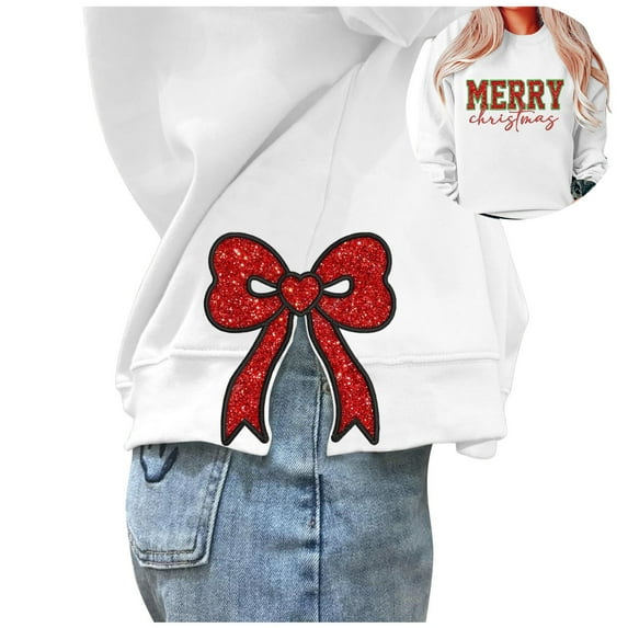 Fall Sweatshirts For Women Christmas Side Bow Applique Long Sleeve Crewneck Xmas Trendy Outfits 2025