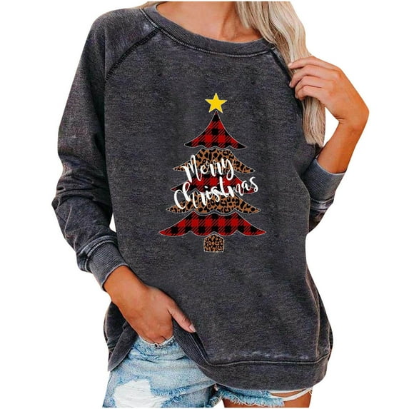 Fall Sweatshirts for Women Leopard Plaid Christmas Tree Print Shirt Long Sleeve Round Neck Sweatshirt Pullover Tops Women Sweaters Cheap
