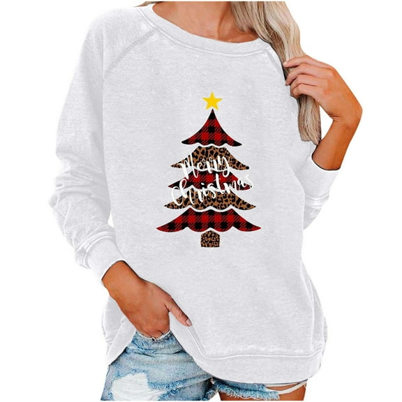 Fall Sweatshirts for Women Leopard Plaid Christmas Tree Print Shirt Long Sleeve Round Neck Sweatshirt Pullover Tops Women Sweaters Cheap