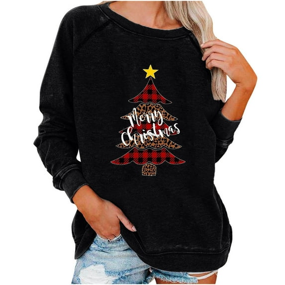 Fall Sweatshirts for Women Leopard Plaid Christmas Tree Print Shirt Long Sleeve Round Neck Sweatshirt Pullover Tops Women Sweaters Cheap
