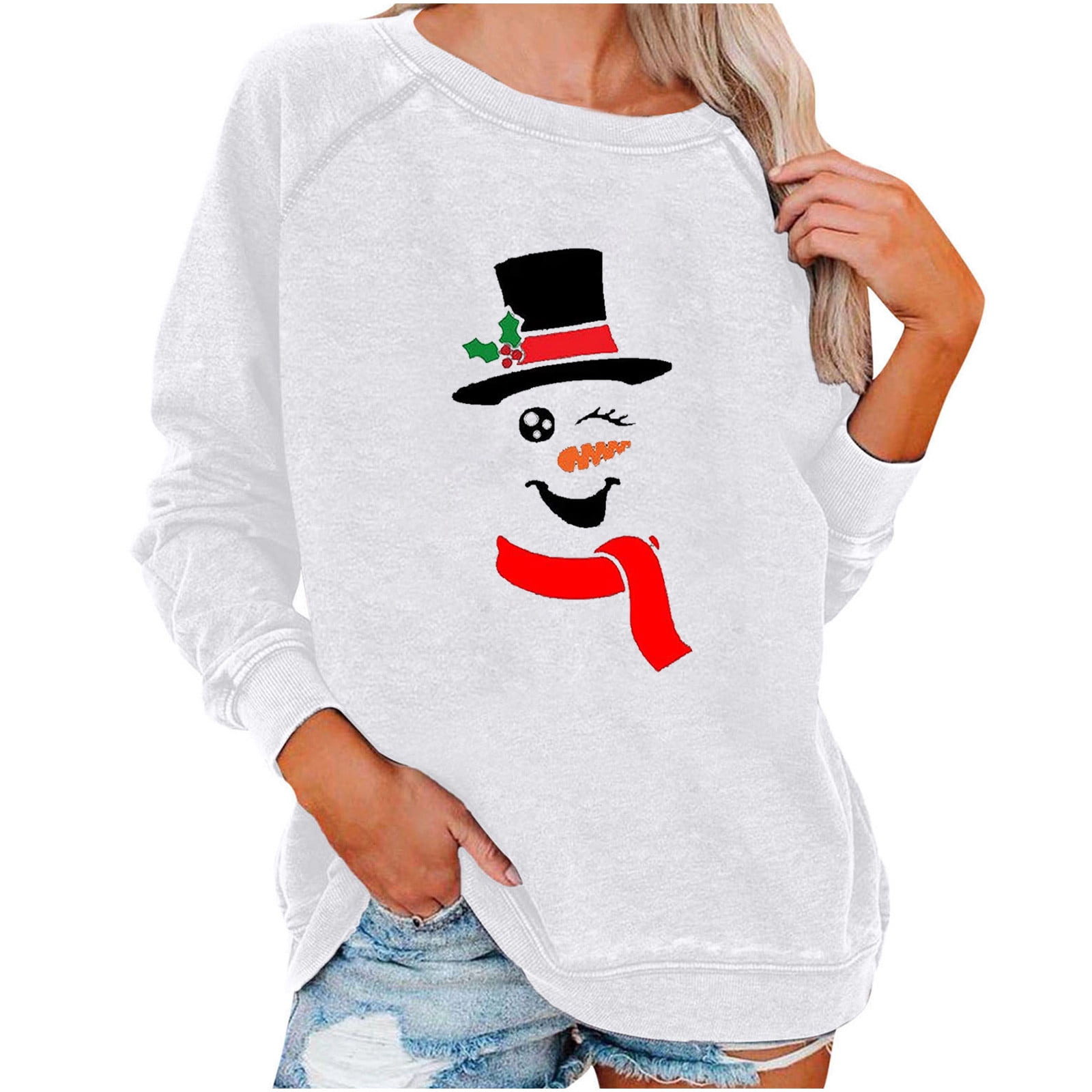 Fall Sweatshirts for Women 2022 Trendy Snowman Print Sweatshirt Vintage Christmas Sweatshirts Comfortable Pullovers Tops Women Sweaters Clearance