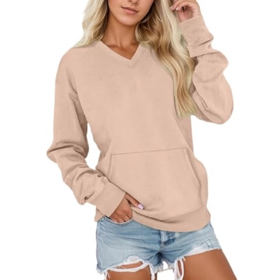 Fall Sweatshirts for Women Fashion V Neck Solid Color Long Sleeve Pullover Sweatshirt with Kangaroo Pocket Oversized Casual Loose Fit Fall Winter Clothing