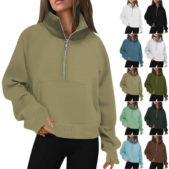 Fall Sweatshirts for Women High Neck Half Zipped Up Pullover Sweatshirts for Ladies Long Sleeves Solid Color Sweatshirts Casual Loose Cozy Tops Everyday Wear