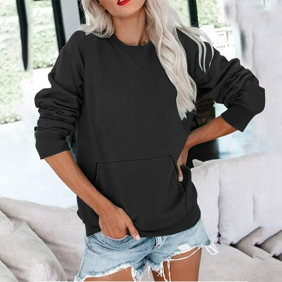Fall Sweatshirts for Women Trendy Christmas Fall Crew Neck Sweatshirts Women Loose Fit Long Sleeve Sweater Solid Relaxed Casual Pullover Tops with Kangaroo Pocket Fall Clothes for Women 2024