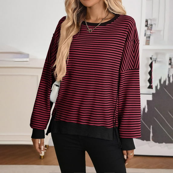Fall Sweatshirts, Women's Oversized Striped Shirts Long Sleeve Crew Neck Split Hem T-Shirts Casual Color Block Fall Going Out Top 2025