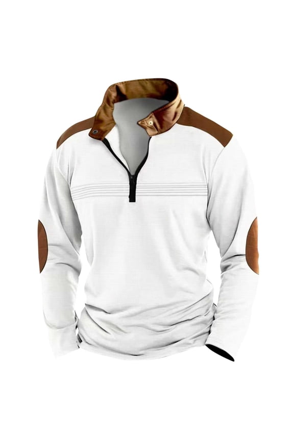 Fall Sweatshirts for Men Zip up White Warm Pullover Long Sleeve Casual Solid Color Jacquard Half Zipper Plus Size Hoodless M
