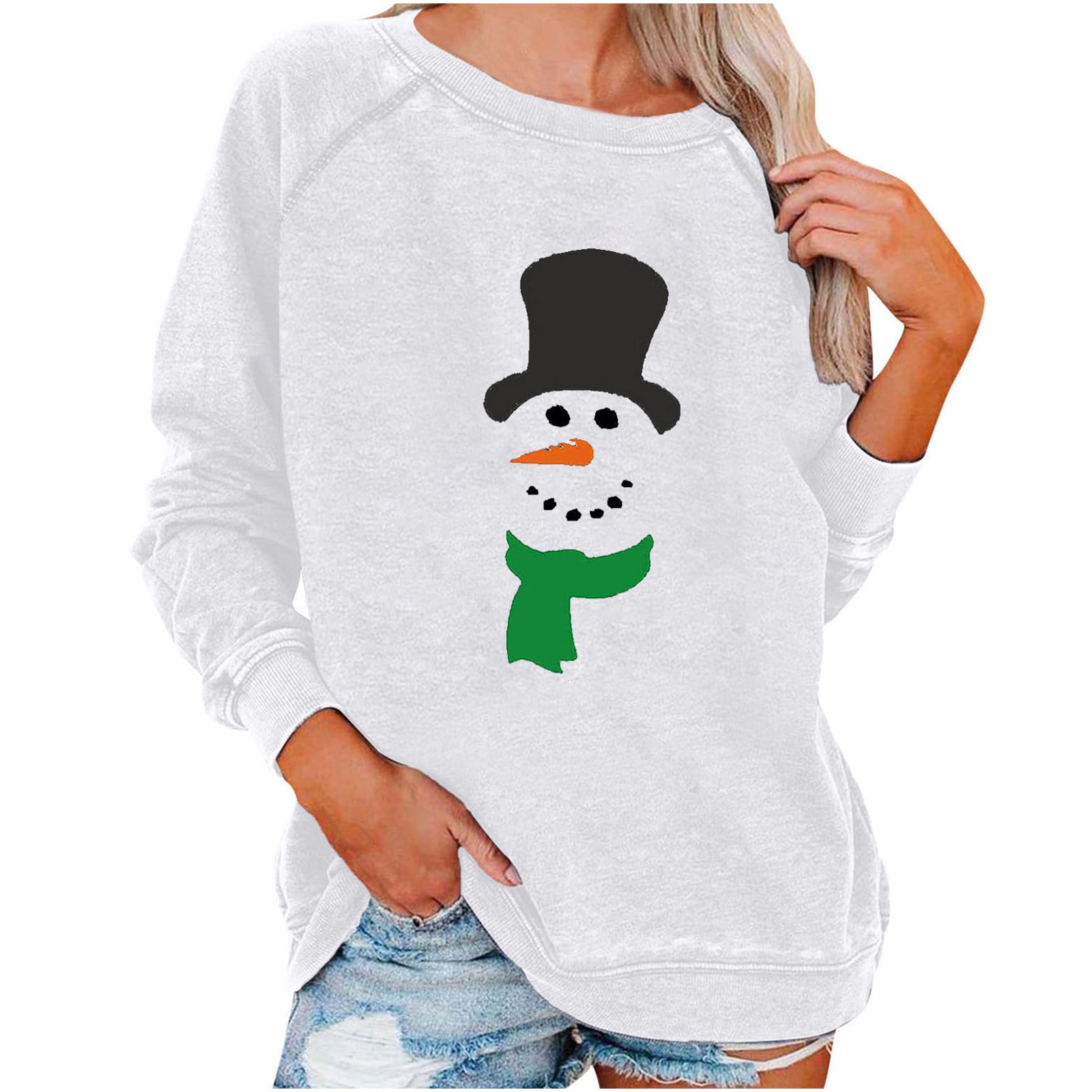 Fall Sweatshirts for Women 2022 Christmas Snowman Print Top Long Sleeve Round Neck Sweatshirt