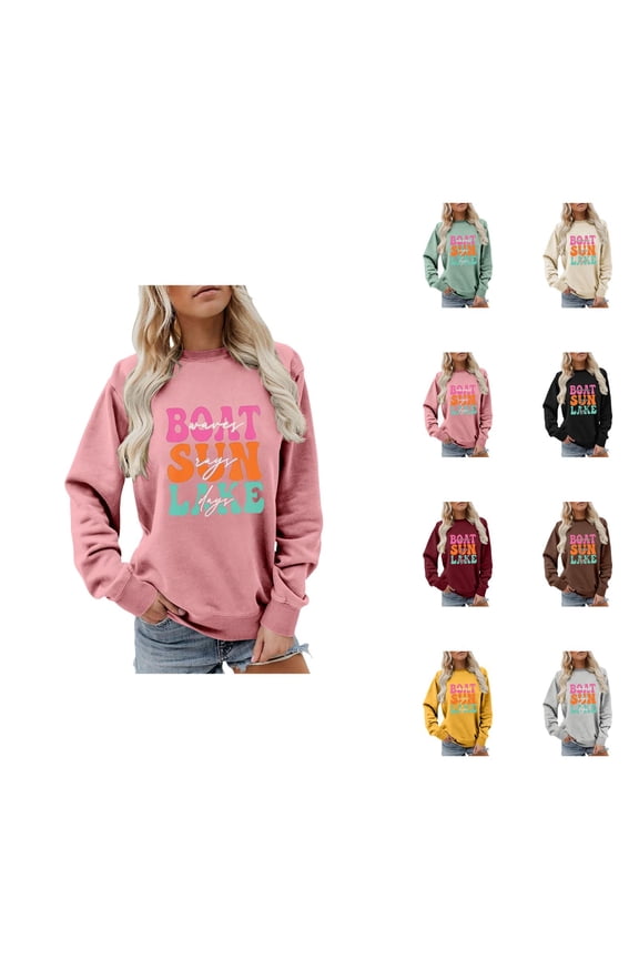 Fall Sweatshirts for Women 2025 Boat Waves Sun Rays Lake Days Sweatshirt Long Sleeve Crewneck Sweatshirt Pullover Tops
