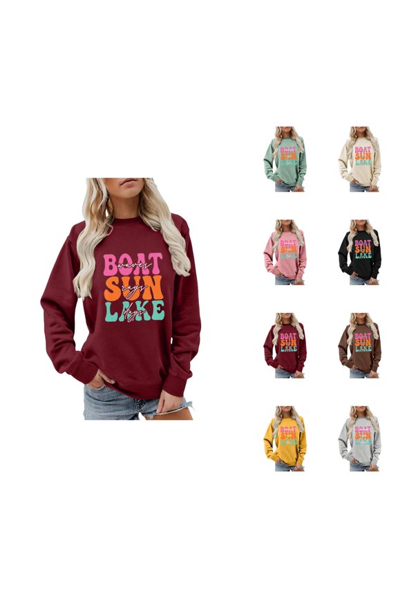 Fall Sweatshirts for Women 2025 Boat Waves Sun Rays Lake Days Sweatshirt Long Sleeve Crewneck Sweatshirt Pullover Tops