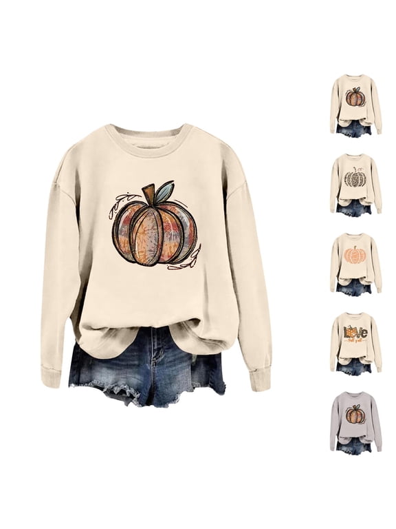 Fall Sweatshirts for Women 2025 Long Sleeve Crewneck Pumpkin Graphic Sweatshirt Halloween Thanksgiving Pullover Tops