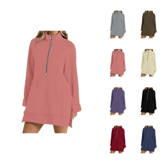 Fall Sweatshirts for Women 2025 Long Sleeve Half Zipper Side Slit Mid Length Sweatshirt with Pockets Pullover Tops