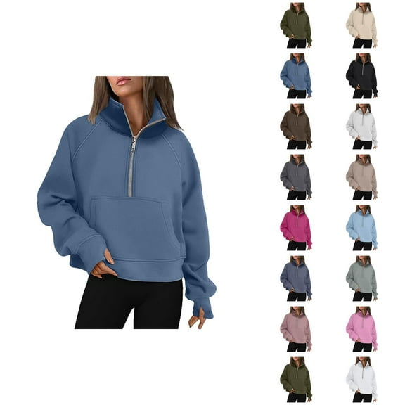 Fall Sweatshirts for Women 2025 Long Sleeve Half Zipper Turtleneck Thumb Hole Pockets Plain Sweatshirt Pullover Tops