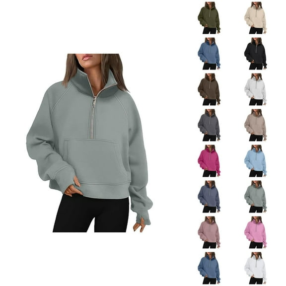 Fall Sweatshirts for Women 2025 Long Sleeve Half Zipper Turtleneck Thumb Hole Pockets Plain Sweatshirt Pullover Tops