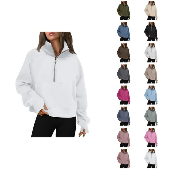 Fall Sweatshirts for Women 2025 Long Sleeve Half Zipper Turtleneck Thumb Hole Pockets Plain Sweatshirt Pullover Tops