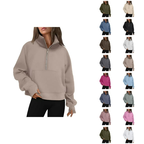 Fall Sweatshirts for Women 2025 Long Sleeve Half Zipper Turtleneck Thumb Hole Pockets Plain Sweatshirt Pullover Tops