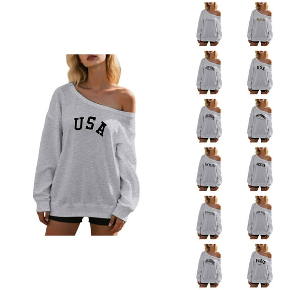 Fall Sweatshirts for Women 2025 Long Sleeve One Shoulder Grey Letter Graphic Oversized Sweatshirt Pullover Tops