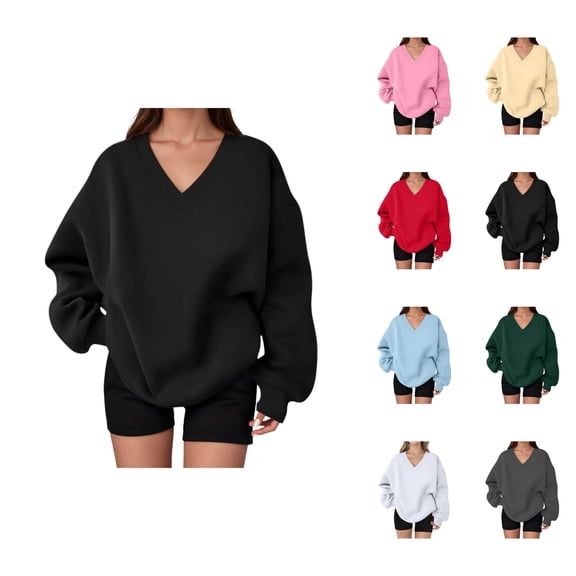 Fall Sweatshirts for Women 2025 Long Sleeve V Neck Cute Oversized Sweatshirt Plain Basic Pullover Tops