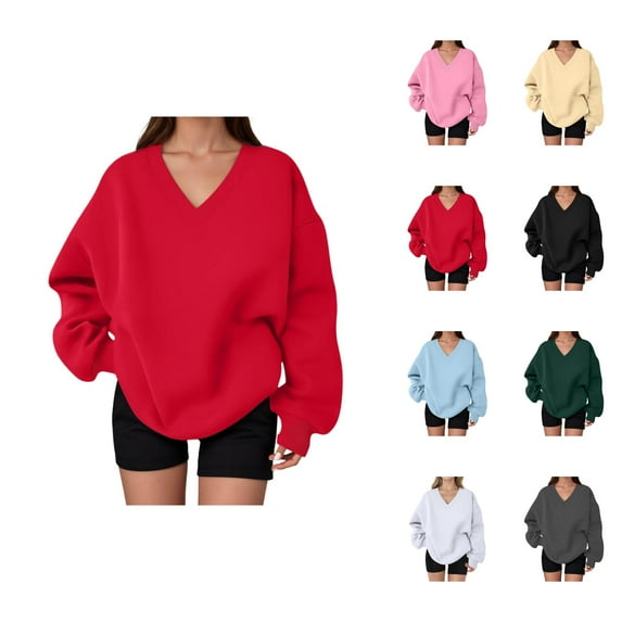 Fall Sweatshirts for Women 2025 Long Sleeve V Neck Cute Oversized Sweatshirt Plain Basic Pullover Tops