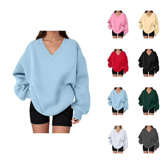 Fall Sweatshirts for Women 2025 Long Sleeve V Neck Cute Oversized Sweatshirt Plain Basic Pullover Tops
