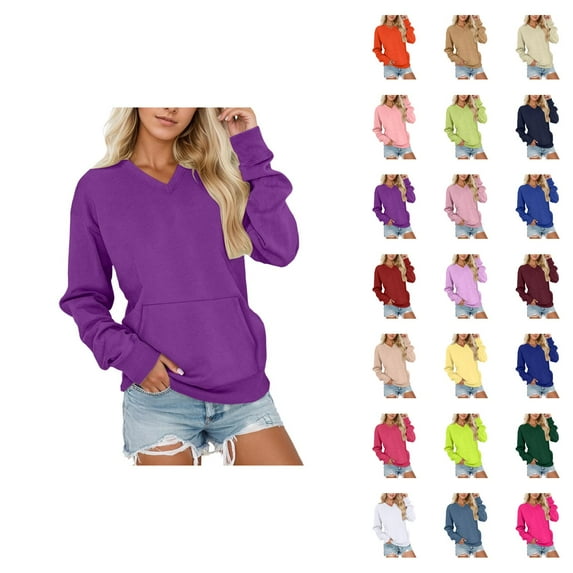 Fall Sweatshirts for Women 2025 Long Sleeve V Neck Plain Basic Oversized Sweatshirt with Pockets Pullover Tops