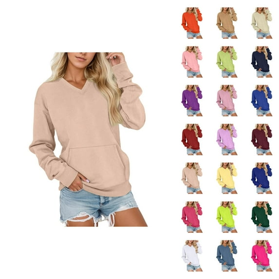 Fall Sweatshirts for Women 2025 Long Sleeve V Neck Plain Basic Oversized Sweatshirt with Pockets Pullover Tops