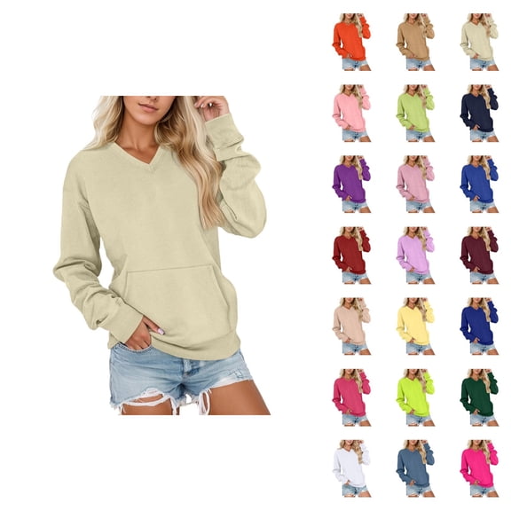 Fall Sweatshirts for Women 2025 Long Sleeve V Neck Plain Basic Oversized Sweatshirt with Pockets Pullover Tops
