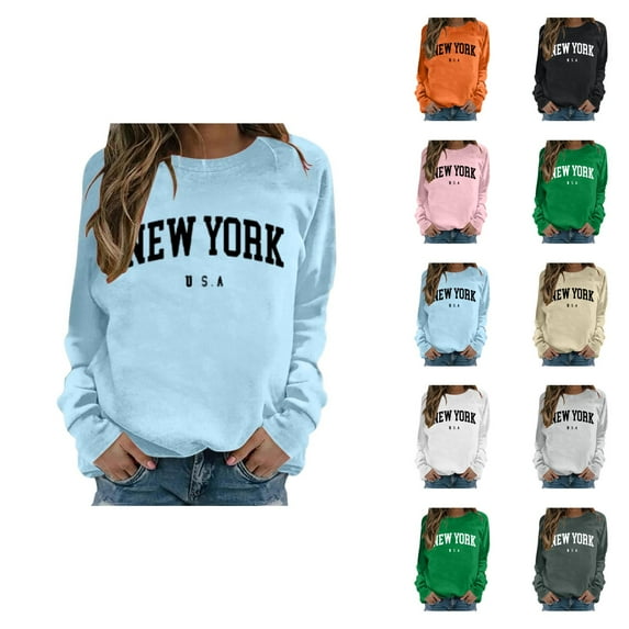 Fall Sweatshirts for Women 2025 New York Sweatshirt Long Sleeve Crewneck Letter Graphic Sweatshirt Pullover Tops