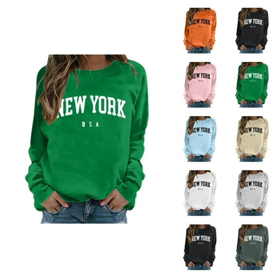 Fall Sweatshirts for Women 2025 New York Sweatshirt Long Sleeve Crewneck Letter Graphic Sweatshirt Pullover Tops