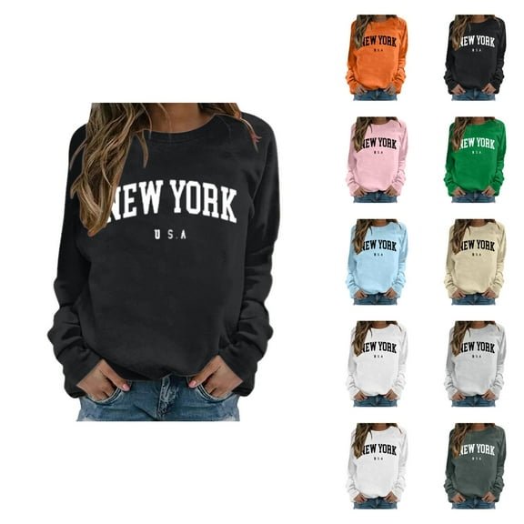 Fall Sweatshirts for Women 2025 New York Sweatshirt Long Sleeve Crewneck Letter Graphic Sweatshirt Pullover Tops