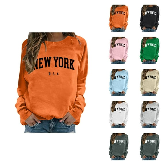 Fall Sweatshirts for Women 2025 New York Sweatshirt Long Sleeve Crewneck Letter Graphic Sweatshirt Pullover Tops