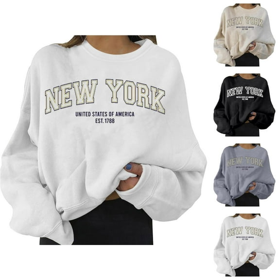 Fall Sweatshirts for Women 2025 New York Sweatshirt Long Sleeve Crewneck Oversized Graphic Sweatshirt Pullover Tops